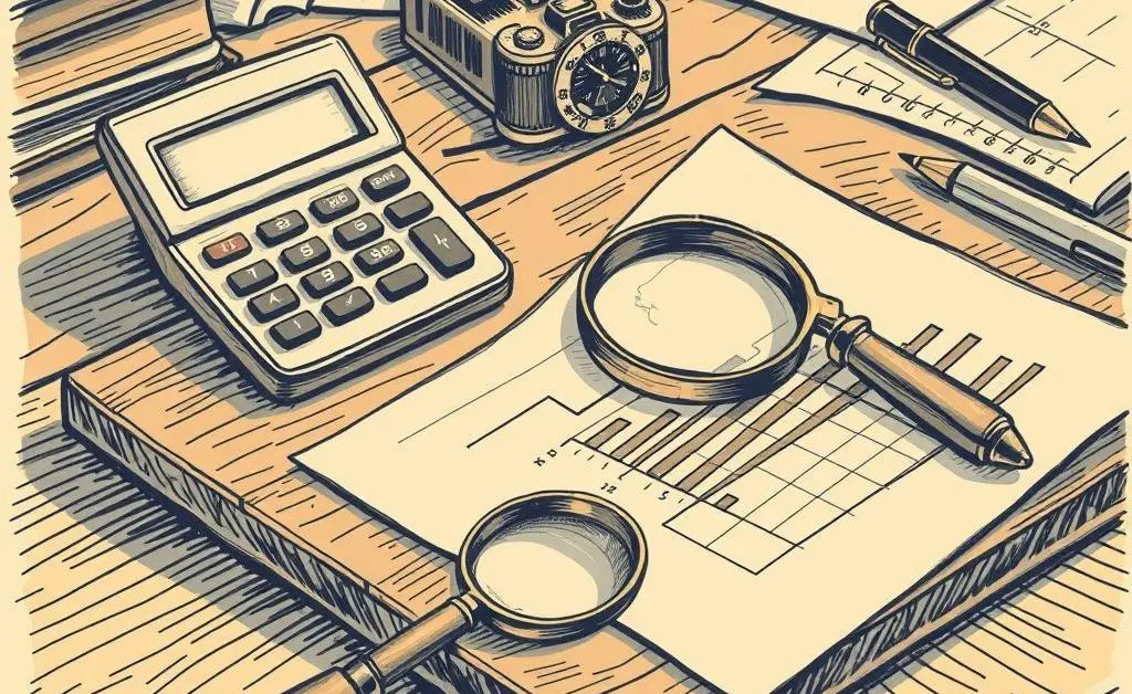 A hand-drawn image of various analytical tools like a calculator, magnifying glass, and graph, artistically arranged on a desk.