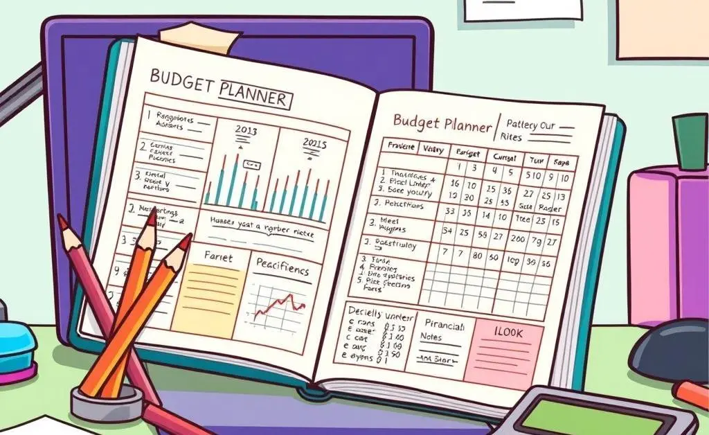 Desk with a detailed budget planner and financial tools