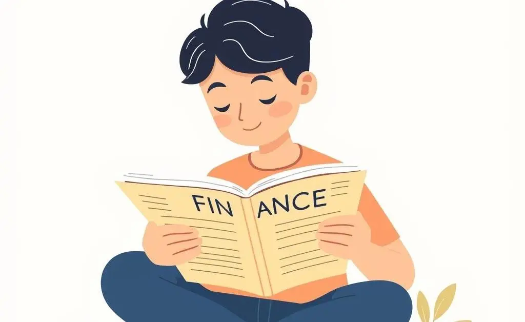 Person sitting calmly, reading a finance book