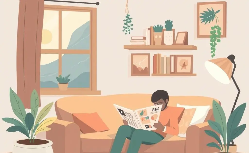 Illustration of a cozy room with a person peacefully analyzing their portfolio