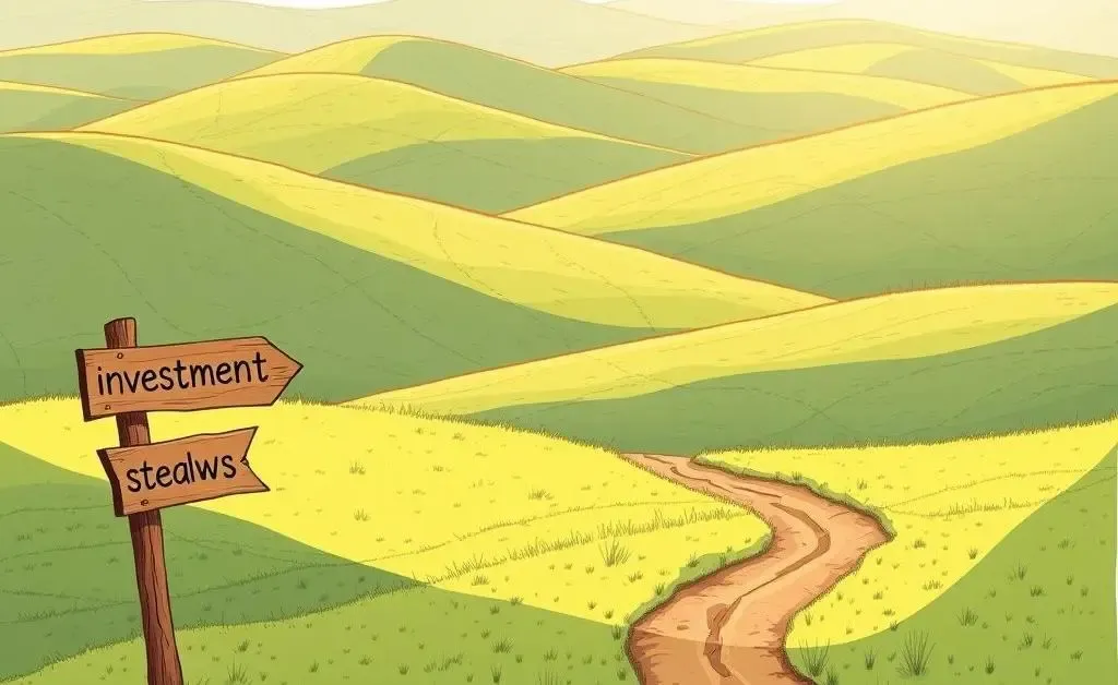 A peaceful, hand-drawn landscape featuring a path with signage labeled 'investment' winding through gentle hills.