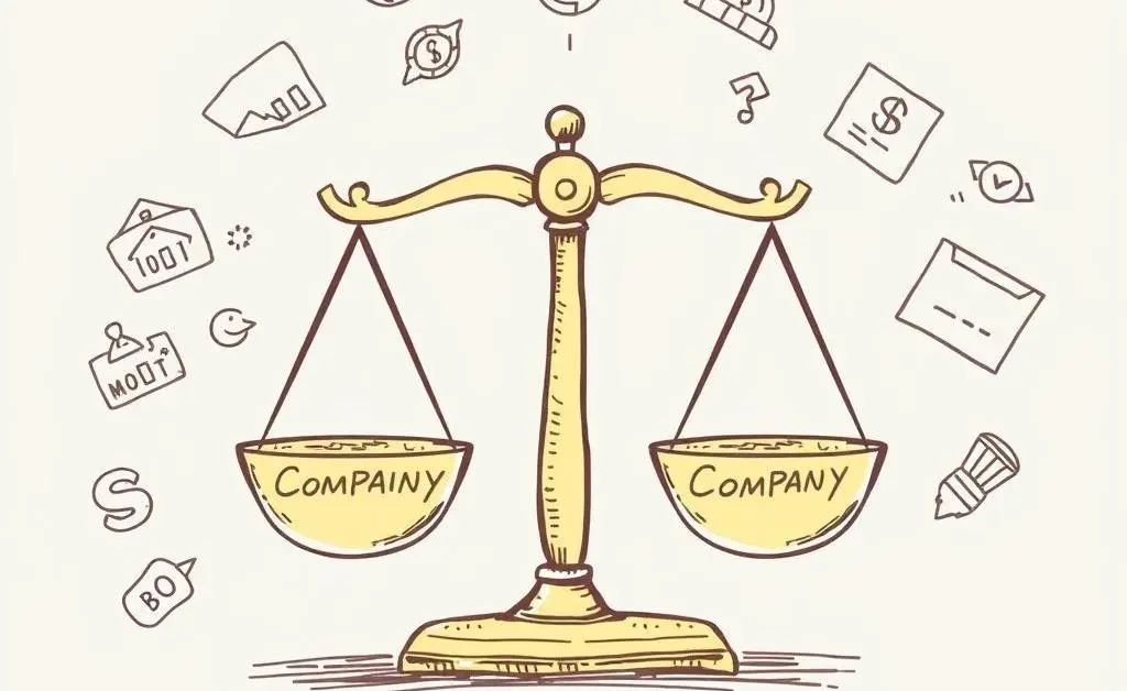 A balance scale with company risks and benefits