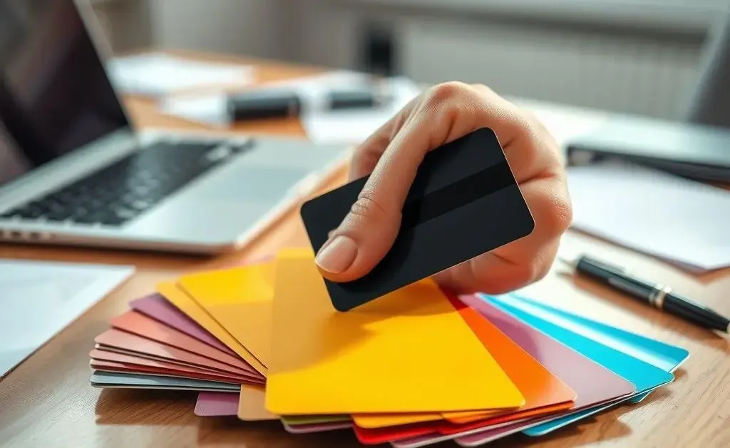 A hand holding a business credit card among others on a table