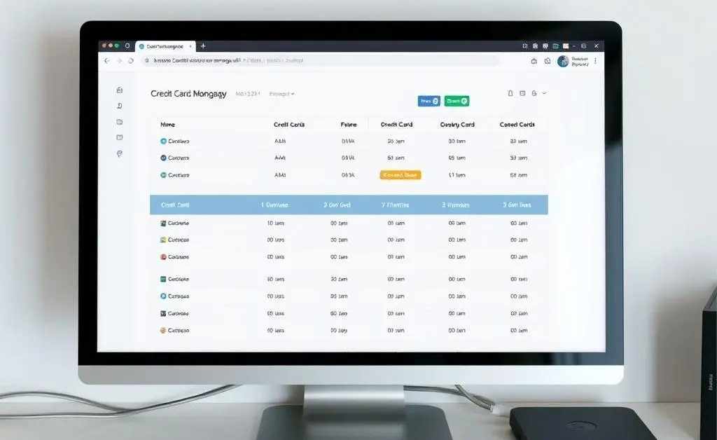 A desk setup with a credit card management app