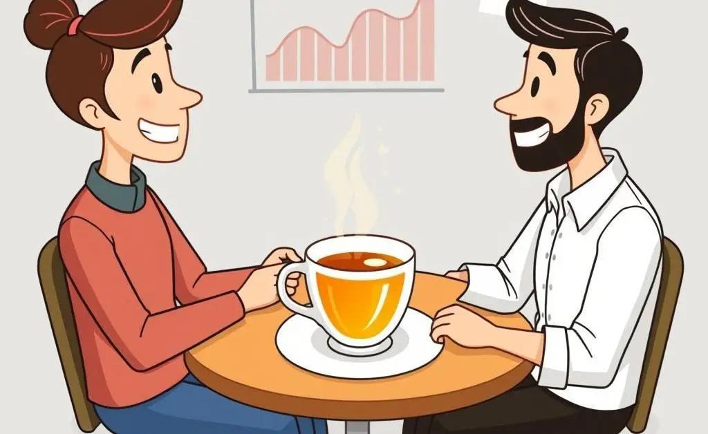 Two people discussing finance over tea and graphs