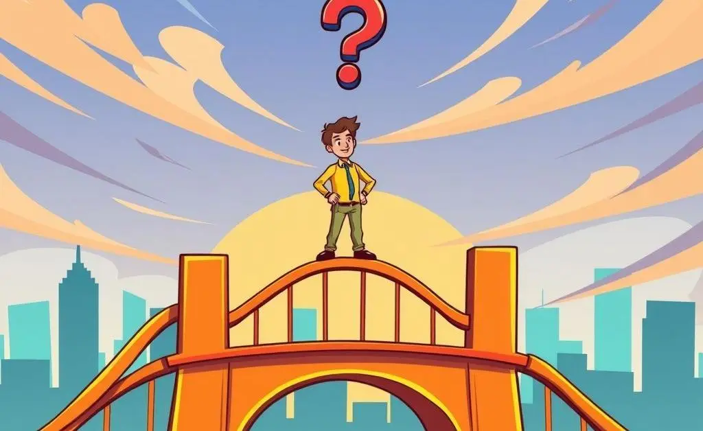 A cartoon-style image of a person standing at the edge of a financial diagram represented as a bridge with a question mark sign.