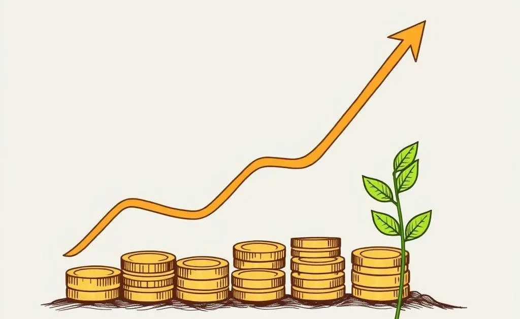 Rising investment chart with coins and a plant growing