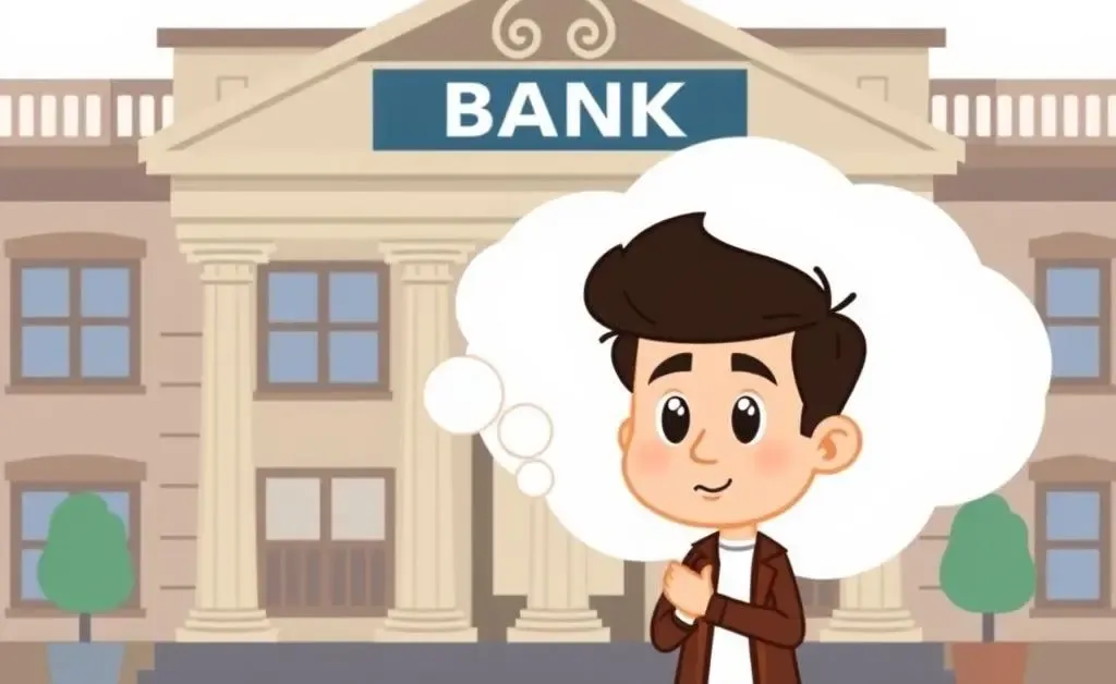 A character thinking about opening a bank account in front of a bank building.