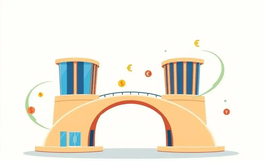 Illustration of two banks connected by a bridge with currency flowing between them