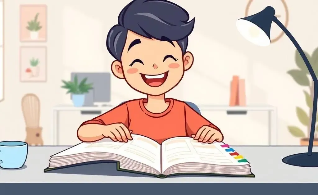A person happily managing their budget with a planner on a desk