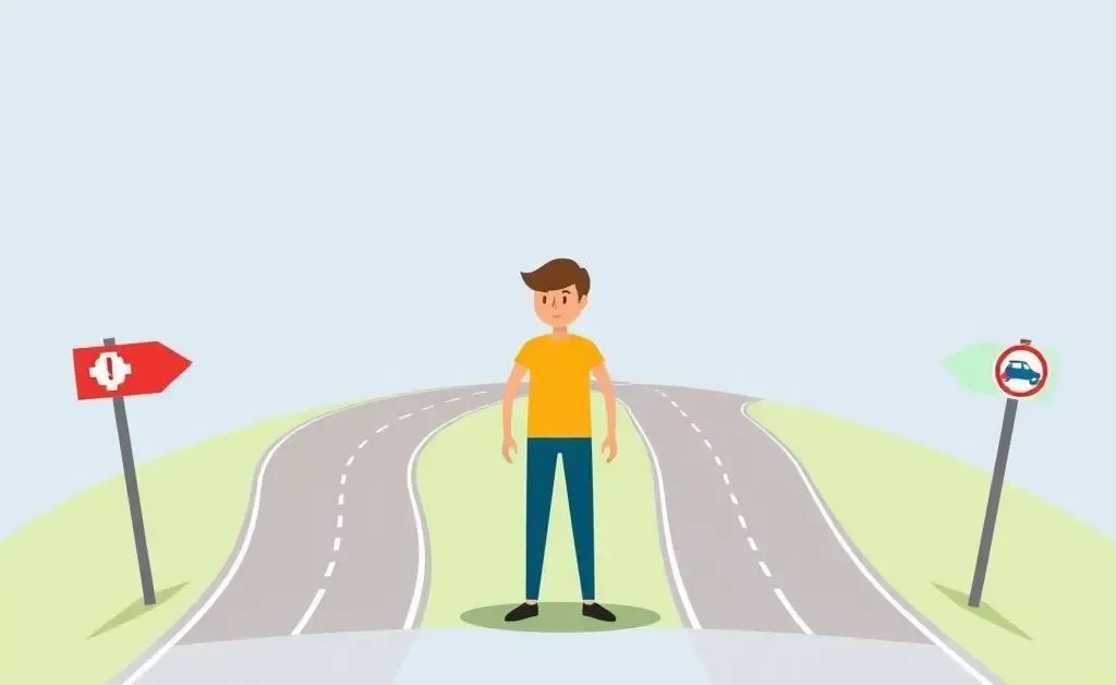 Person choosing between two car insurance options with signposts