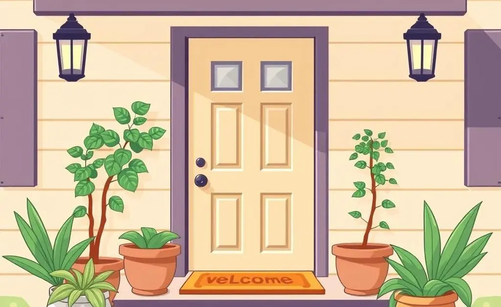 A cartoon-style cozy home entrance, symbolizing a warm welcome