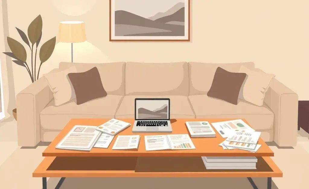 A cozy living room with financial planning documents on a coffee table