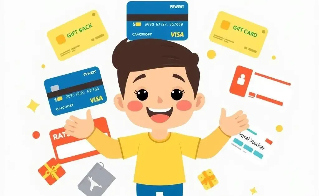 A cartoon figure surrounded by various credit card rewards symbols.