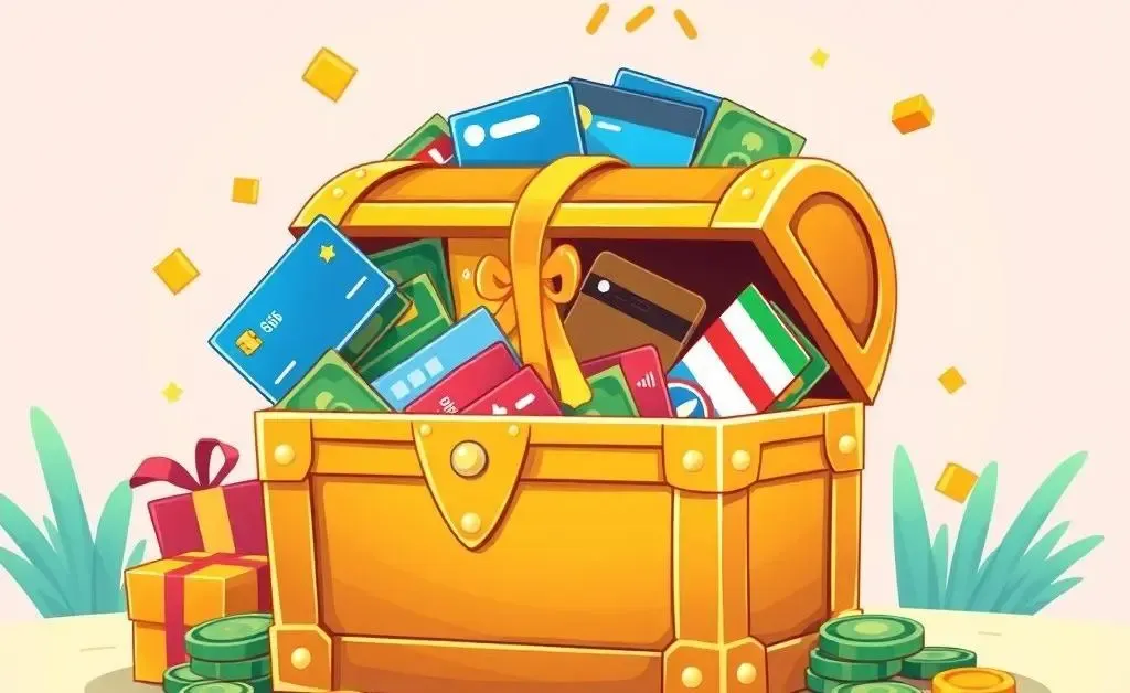 Treasure chest filled with credit cards and rewards