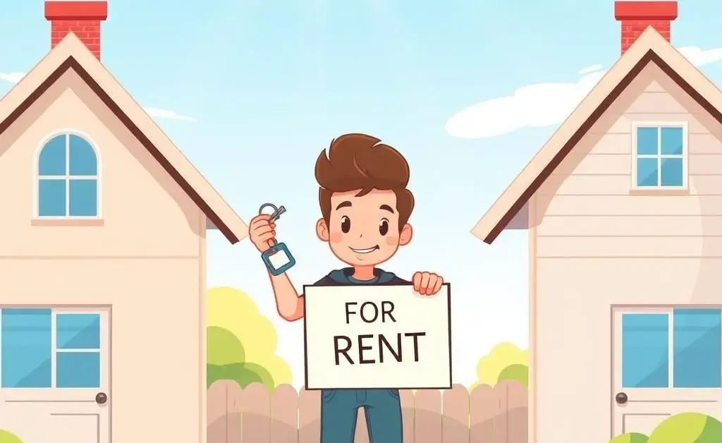 Person deciding between two homes with rental sign