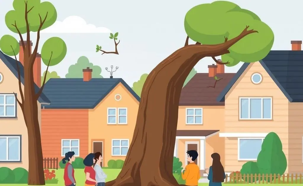 A fallen tree in a neighborhood with people discussing