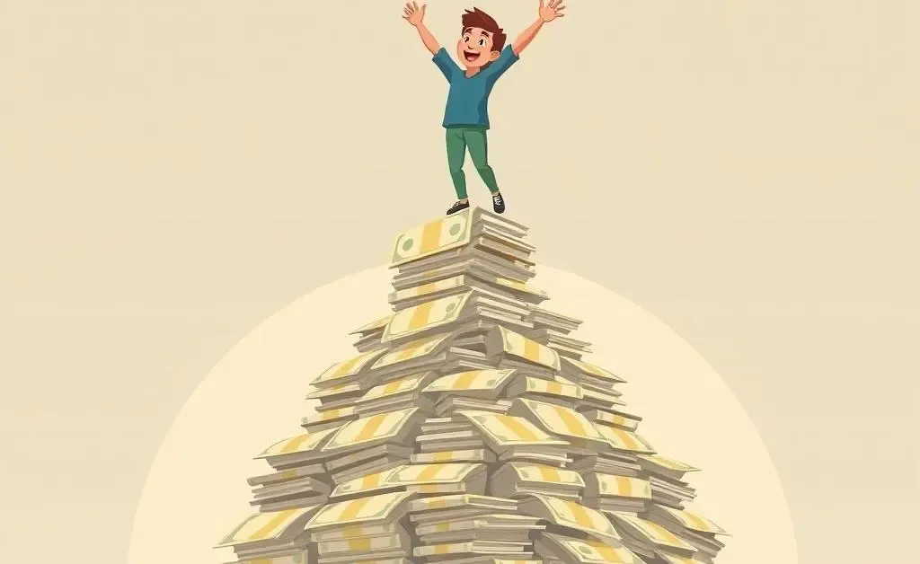 Person climbing a mountain of money