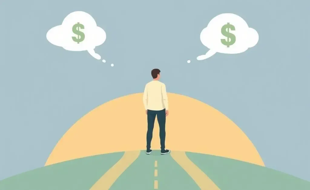 A person at a crossroads with financial paths ahead
