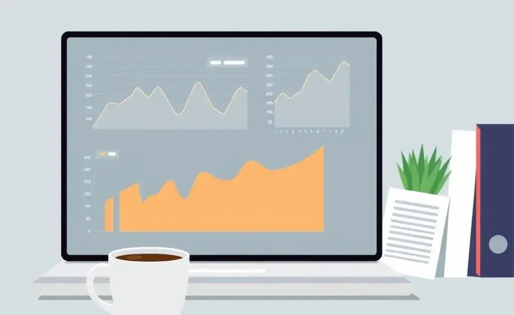 An office desk with a laptop showing financial charts and a coffee cup