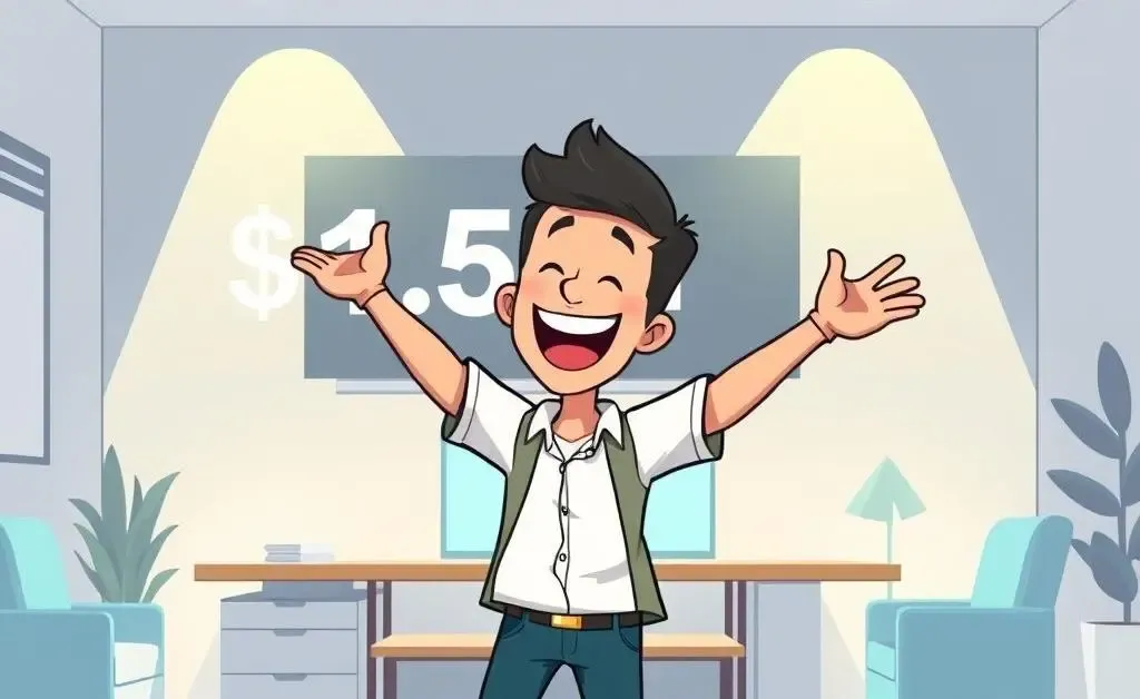 A cartoon person celebrating a $1.5M financial milestone