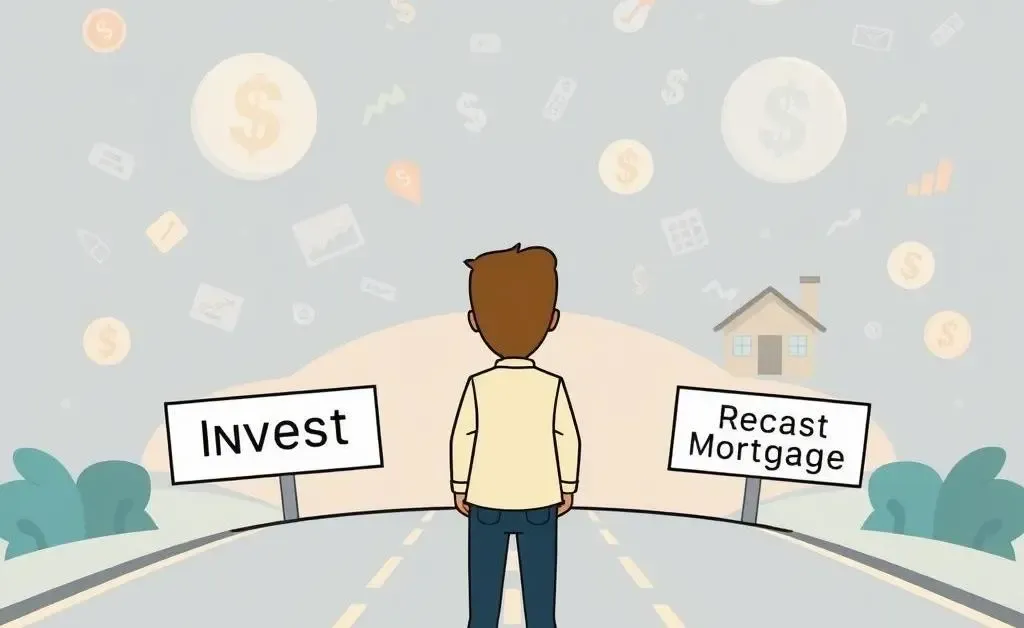 Person at a fork in the road deciding to invest or recast mortgage