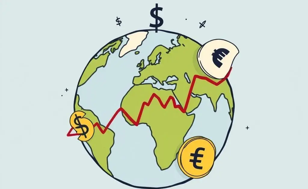 A globe with various currency symbols and stock charts