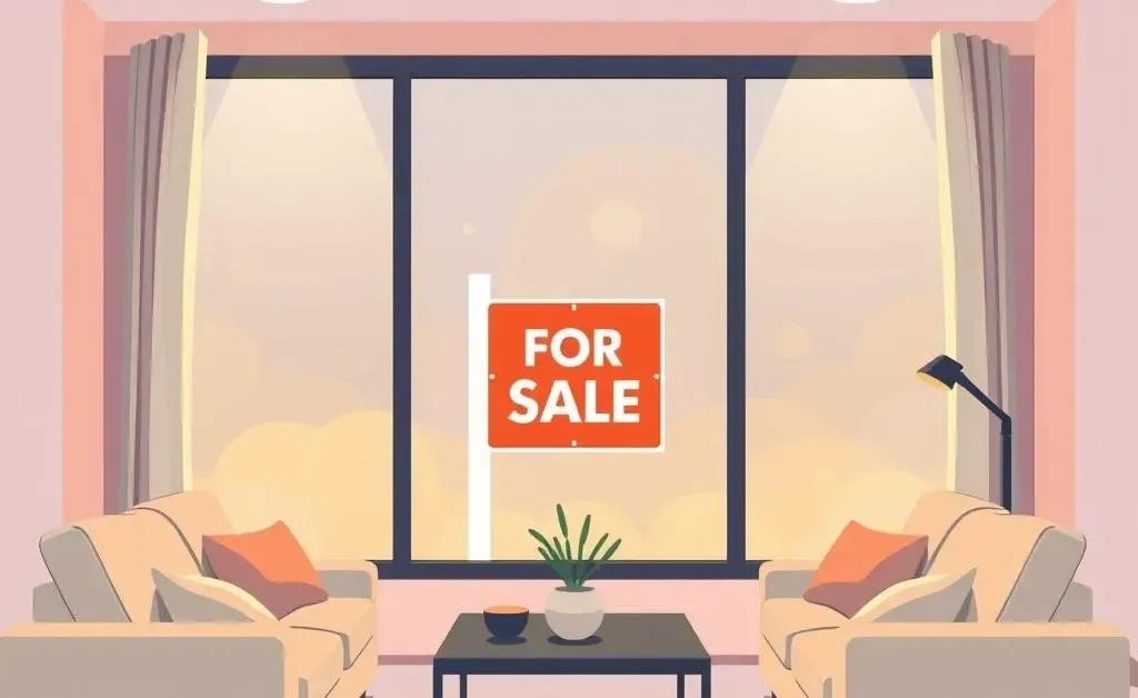 Cozy living room with a 'For Sale' sign outside the window