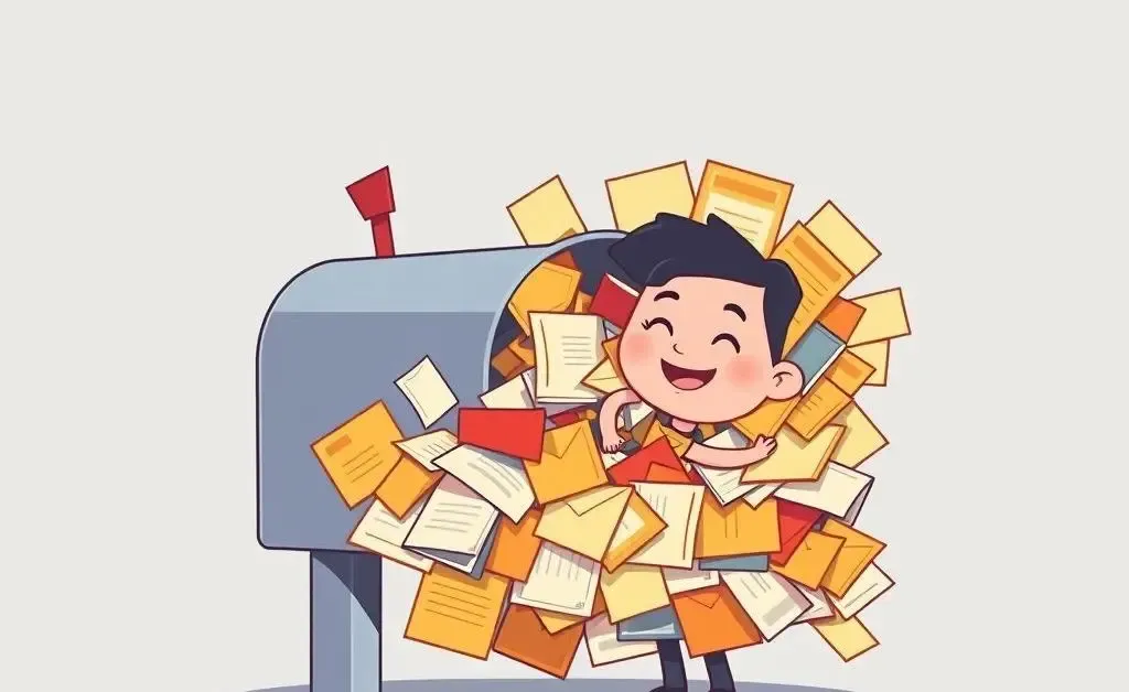 A mailbox overflowing with spam letters and a smiling person sorting them calmly.