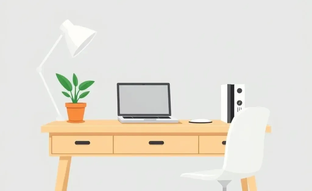 A clean, minimalist desk with a plant and laptop