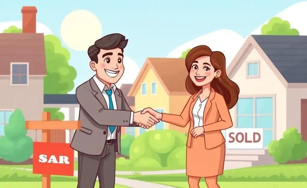 A mortgage broker shakes hands with a homebuyer in front of a 'sold' sign.