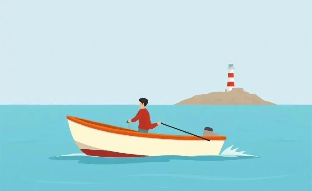 Cartoon of a person navigating a calm ocean toward a lighthouse