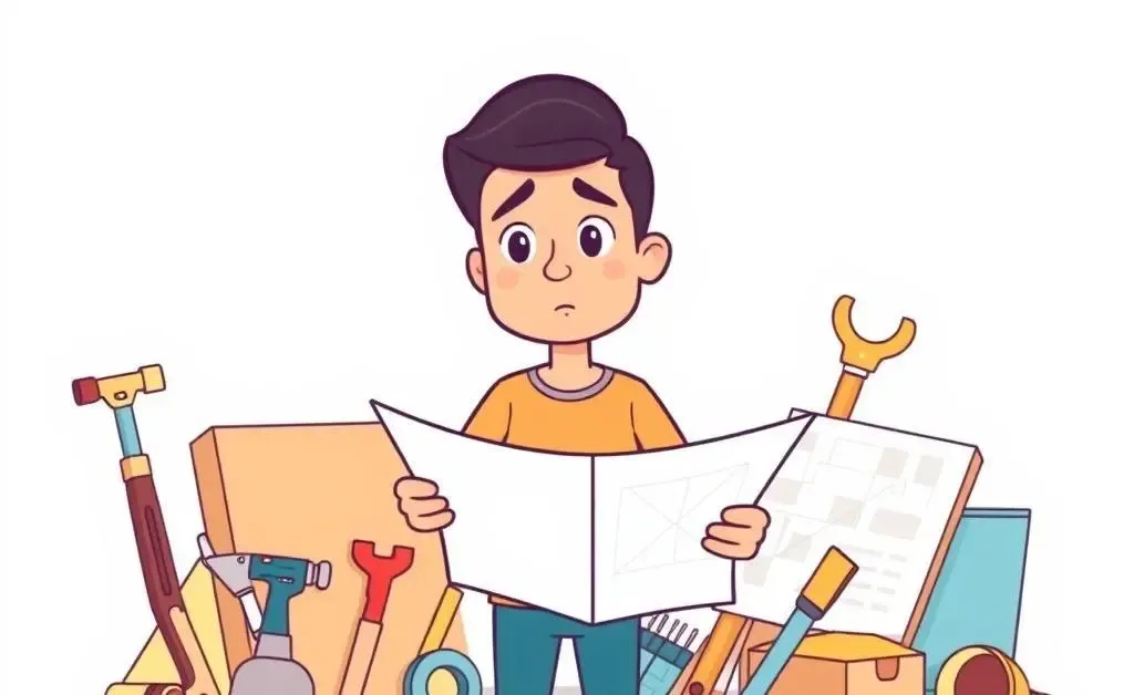 A person looking puzzled at home remodeling plans surrounded by tools