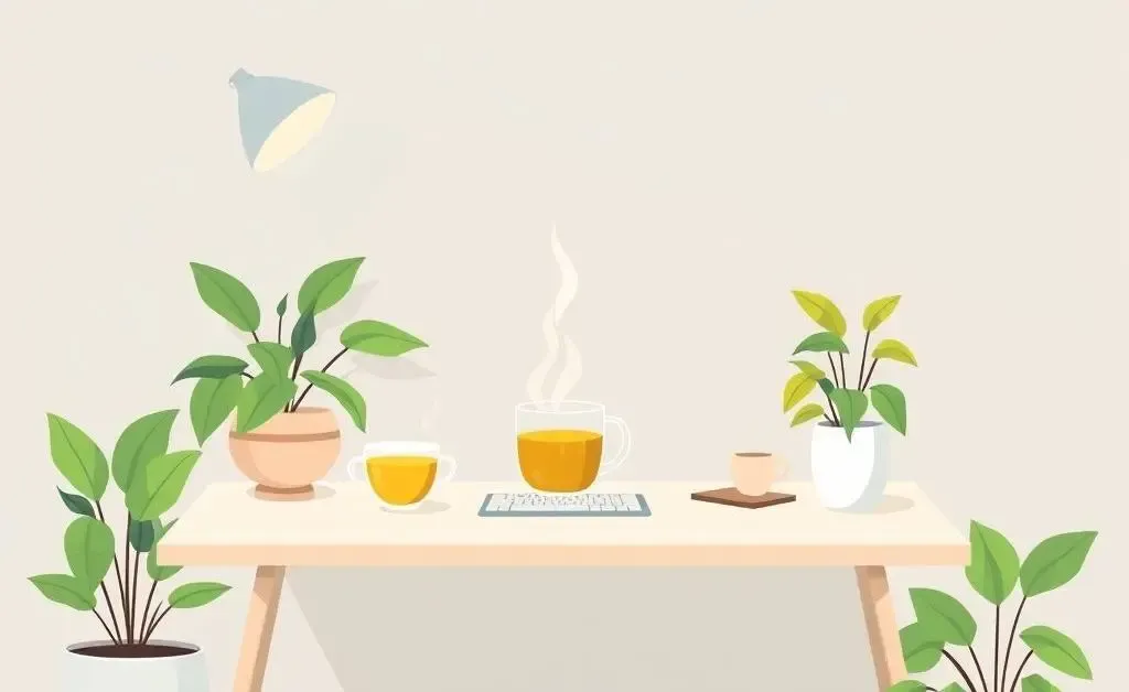 A serene desk with plants and a cup of tea