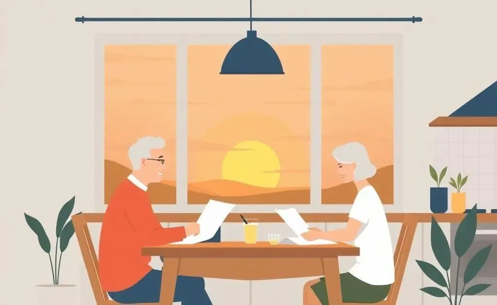 A couple sitting at a kitchen table planning their retirement with a sunrise in the background.