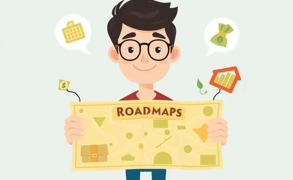A cartoon-style roadmap to financial freedom, featuring budgeting and investing symbols.