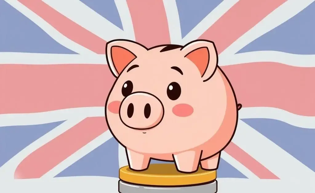 Cartoon-style piggy bank on coins with UK flag