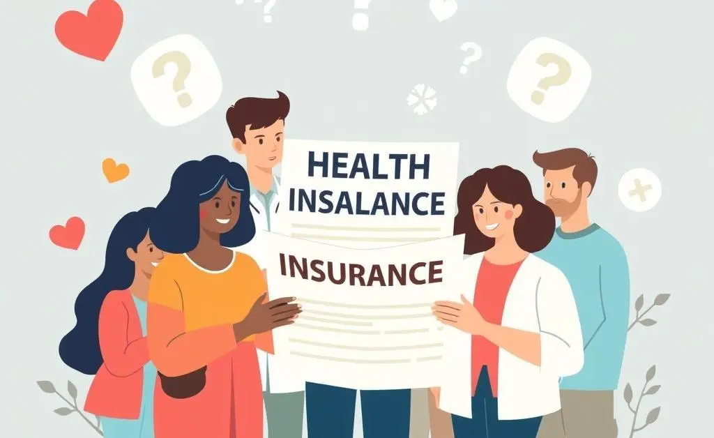 People examining a health insurance policy document with symbols of healthcare