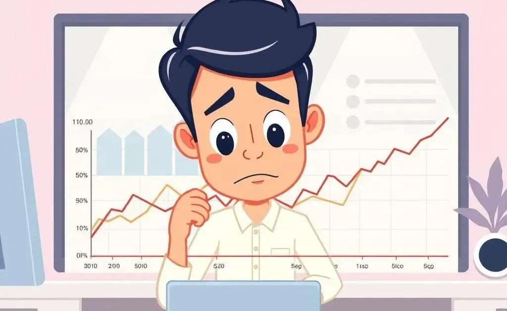 Cartoon of a person examining a graph with economic indicators