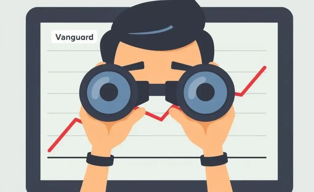A person observing a line graph labeled 'Vanguard Fees' through binoculars