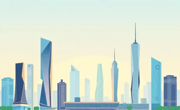A stylized city skyline with AI-themed buildings representing real estate investing