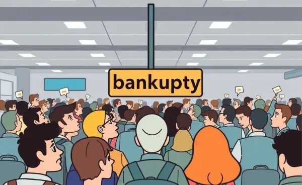 Confused passengers at an airport terminal reacting to news of bankruptcy