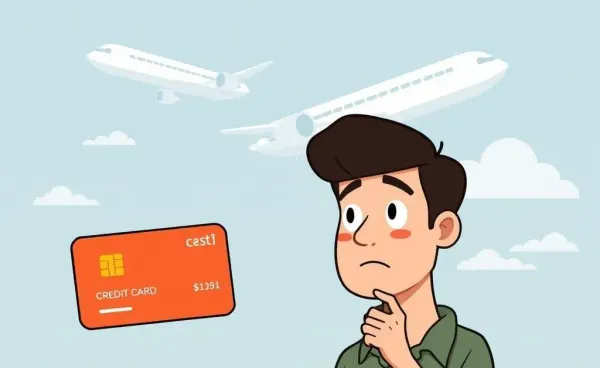 A person thinking about credit card choices with an airplane in the background