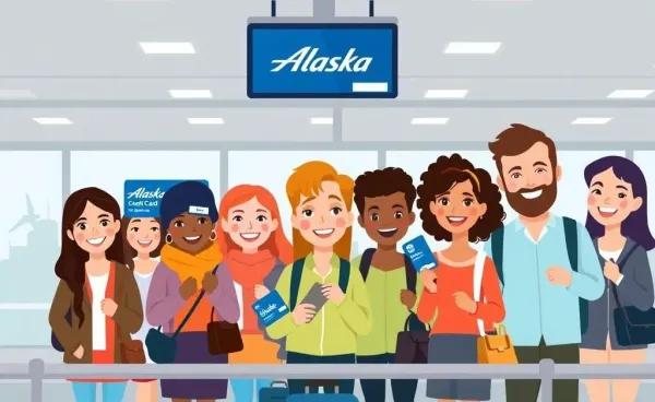 Travelers holding Alaska Airlines credit cards at an airport check-in.
