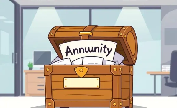 A cartoon-style image of a treasure chest filled with annuity papers