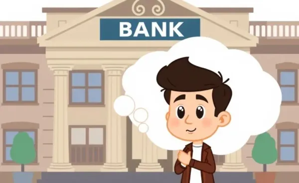 A character thinking about opening a bank account in front of a bank building.