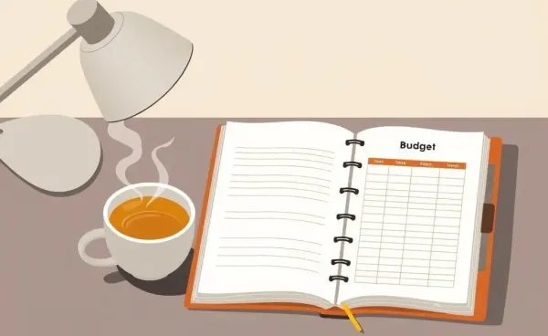 An open planner showing a budget page on a desk alongside a tea cup