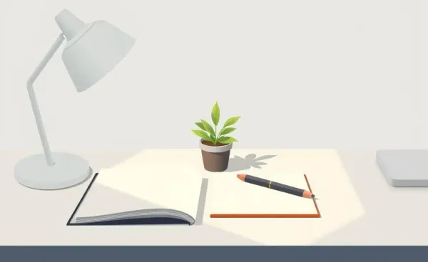 A serene desk setup with notebook and plant under soft sunlight.