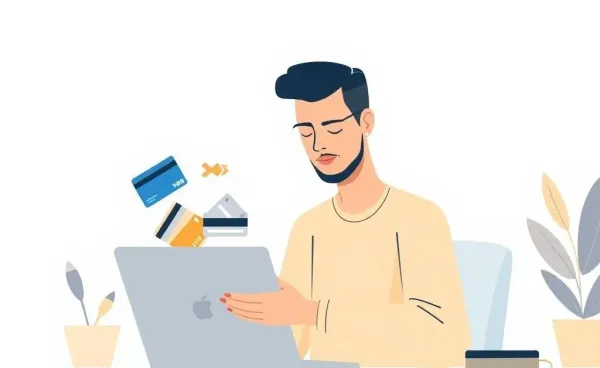 A relaxed individual organizing credit card rewards on a laptop