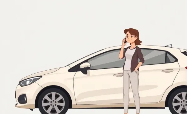 A person on the phone next to a car with a minor accident.